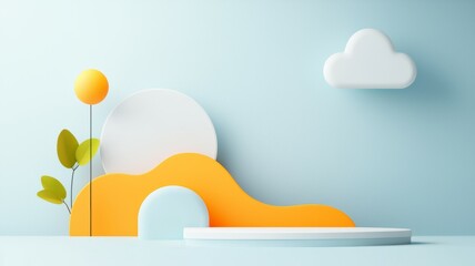 Poster - A blue and orange background with a white sun and a white cloud