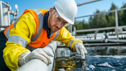 Wall Mural - A man in a yellow and orange safety vest is checking a pipe in a body of water