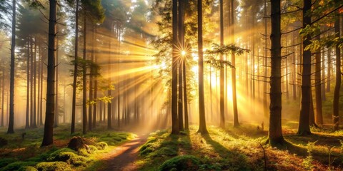 A serene, misty forest, with the sun casting a warm, golden light through the trees, but with a subtle hint of pollution in the air.