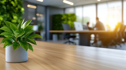 Canvas Print - A potted plant sits on a wooden table in a room with a view of the outside