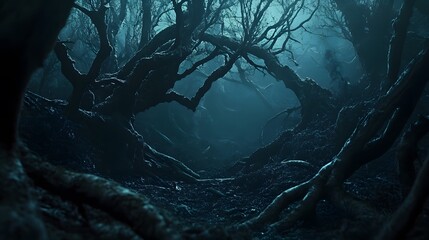 a dark mysterious forest with twisted trees and hidden creatures