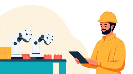 Wall Mural - Efficient Production Line Management with Robots - Hand-Drawn Illustration Featuring Manager Overseeing Assembly Process Using Tablet, Concept of Automation and Control, Copy Space Available for Text