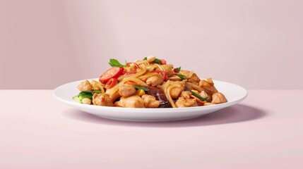 Wall Mural - A plate of chicken and vegetable stir-fry on a pink background