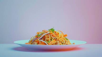 Wall Mural - A plate of noodles with vegetables and a light pink and blue background