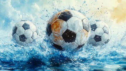 Wall Mural - Dynamic Splashing of Soccer Balls in Ocean Waves