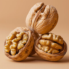 Three walnuts are piled on top of each other, with one of them being opened