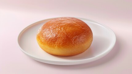 Wall Mural - A Single, Golden Brown Bun with Sugar Glaze on a White Plate