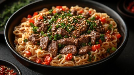 Wall Mural - A bowl of beef and noodle soup with a lot of meat and vegetables