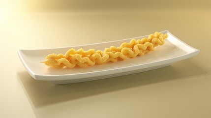 Wall Mural - A Single Serving of Crispy, Golden-Yellow Fried Noodles on a White Rectangular Plate