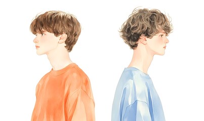 Delicate watercolor line drawing upper body of two cute 15-year-old boys, Generative AI