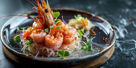 Wall Mural - Gourmet Salmon Tartare with King Prawns and Noodles on a Contemporary Platter