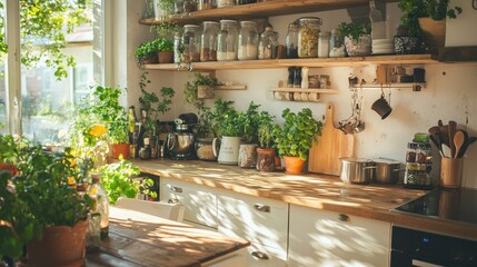 Sunny Kitchen Interior with Plants  Wooden Shelving  and Countertop