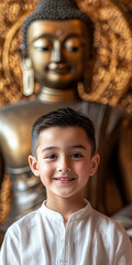 Canvas Print - A boy with short hair, dressed in white and smiling, behind him is an ancient bronze Buddha statue, generative AI