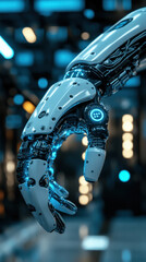 Poster - A robotic hand with blue lights on it