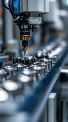 Poster - A machine is drilling holes into metal cans. Concept of precision and efficiency, as the machine is able to quickly and accurately drill holes into the cans