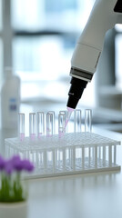 Poster - A lab experiment is being conducted with a white robot. The robot is using a syringe to inject a purple liquid into a glass tube. The tubes are lined up in a row