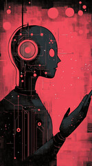 Poster - A man with a black body and red head is holding a hand up. The image is a representation of a robot or a cyborg. The red head and the black body give the impression of a futuristic or sci-fi character