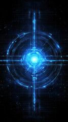 Poster - A blue circle with a bright light in the center. The circle is surrounded by a blue and white grid