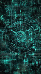 Poster - A green and blue image of a circle with a lot of lines and dots. The image has a futuristic and technological vibe