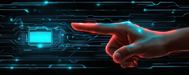 Poster - A hand pointing at a computer screen. Concept of technology and the importance of computers in our daily lives
