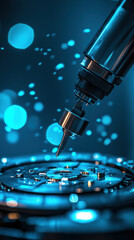 Poster - A machine is drilling a hole into a blue surface. The blue color of the surface and the machine creates a sense of calmness and serenity