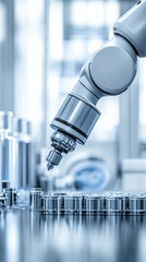 Poster - A robot is working on a machine with a blue background. The robot is focused on its task and he is in a serious mood