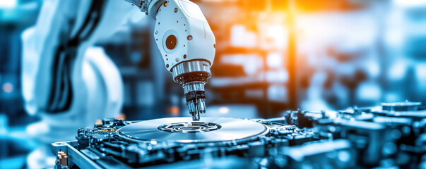 Poster - A robot is working on a disk drive. The robot is white and has a robotic arm