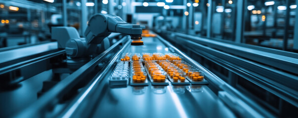 Poster - A conveyor belt with a robot on it. The robot is picking up small orange pills