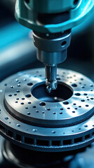 Poster - A machine is drilling a hole into a metal object. The wheel is being made by a machine, and it is a very precise process