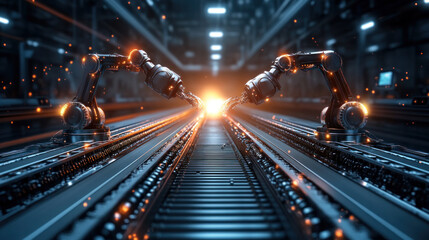 Poster - Two robots are working together in a factory. The robots are surrounded by a bright orange light, which gives the scene a futuristic and industrial feel. The robots are positioned on a conveyor belt