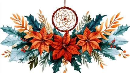 Beautiful arrangement of orange poinsettias and greenery with a dreamcatcher, perfect for holiday and seasonal decor.