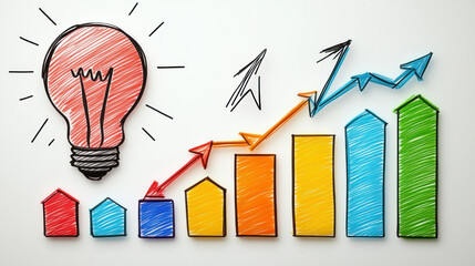 Poster - A drawing of a light bulb with a line of houses behind it. The houses are in different colors and sizes, and the light bulb is in the middle. The drawing conveys the idea of growth and progress