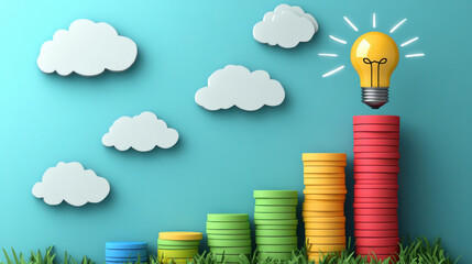 Poster - A stack of coins is on top of a stack of coins, with a light bulb on top of the stack of coins. Concept of financial growth and success
