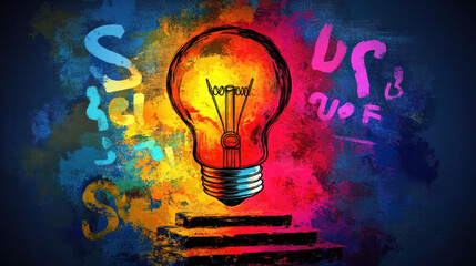 Poster - A colorful drawing of a light bulb with the letters S, U, F, and V written around it. Concept of creativity and inspiration, as the light bulb is often associated with ideas and innovation