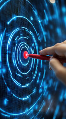 Poster - A person is pointing at a red dot on a blue screen. The dot is surrounded by a circle of blue lines