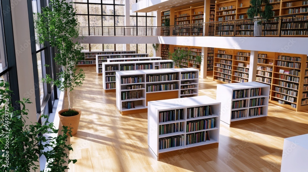 A modern library interior with bright sunlight, open spaces, and ...