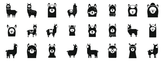 Poster - alpaca icons set. big set of funny llama wearing different clothes and accessories icons set simple 