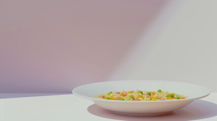 Wall Mural - A White Bowl of Noodles and Vegetables on a White Surface