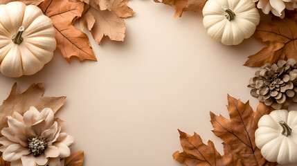 fondo de otoño con espacio de copia con elementos decorativos otoñales con calabazas y hojas secas decorativas colores secos y calidos elegante 