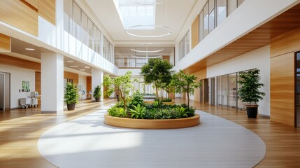 Wall Mural - Modern indoor space featuring greenery, spacious design, and natural light, perfect for relaxation or collaboration.