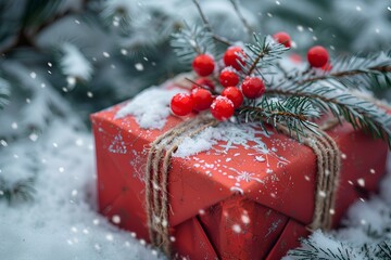 Wall Mural - A red gift box sitting on top of snow covered ground