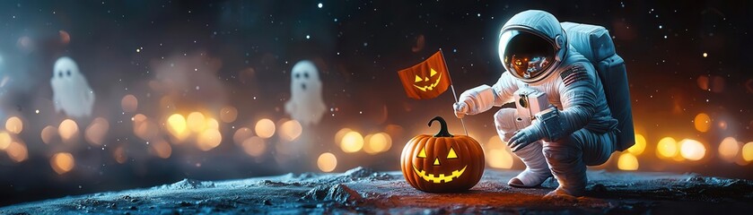 halloween astronaut planting a jack-o'-lantern flag on a spooky, alien planet, with ghostly lights f