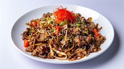 Wall Mural - Stir-fried noodles with beef, vegetables, and a red garnish on a white plate