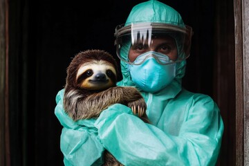 A Man in Personal Protective Equipment holding a sloth , Sloth fever , virus , Generative AI