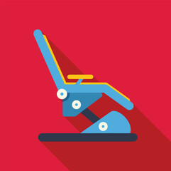 Sticker - Modern adjustable hydraulic chair being raised up high, with blue and yellow upholstery, isolated on a red background