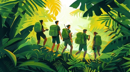 Corporate training in a jungle with explorers teaching survival skills for business resilience and adaptability. Style: Illustration