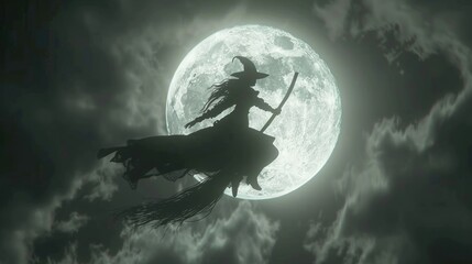 witch on a broomstick flying against a dark sky with a huge green moon. Perfect for Halloween themes.