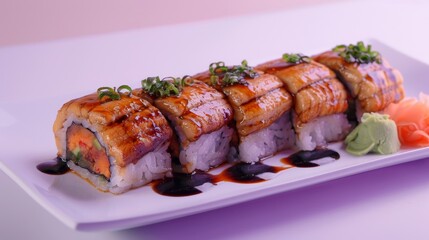 Wall Mural - A plate of unagi sushi rolls drizzled with sauce and topped with scallions