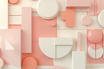 Poster - Generates an image with geometric shapes in blush, rose, and salmon colors, with a white background, 3D render, created by ai