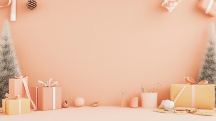 Poster - Pastel Christmas Gifts and Decorations on Peach Background